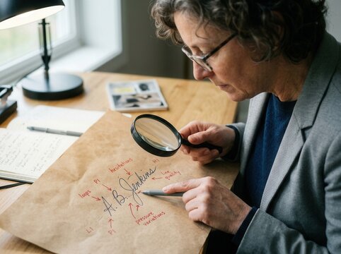 Expert Analyzing Handwriting Through Magnifying Glass Examining Signature Details