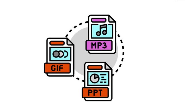 Digital files including mp3, gif, and ppt formats various output types for different media content in a flat design