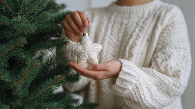 Person holding pearl star ornament near Christmas tree
