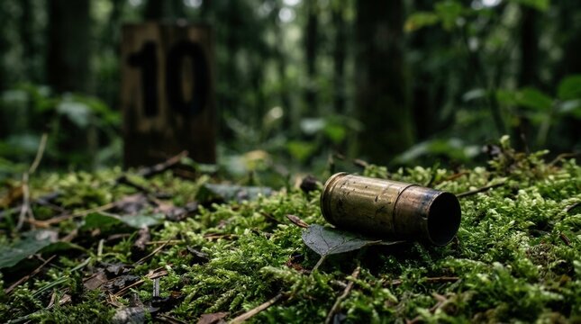 Fallen Bullet Casing Amidst Verdant Forest Floor Awaiting Discovery