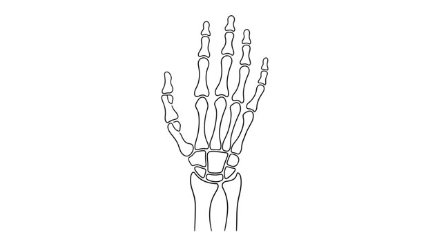 Minimalist line art drawing of a human hand skeleton showing bone structure details on a solid white background.