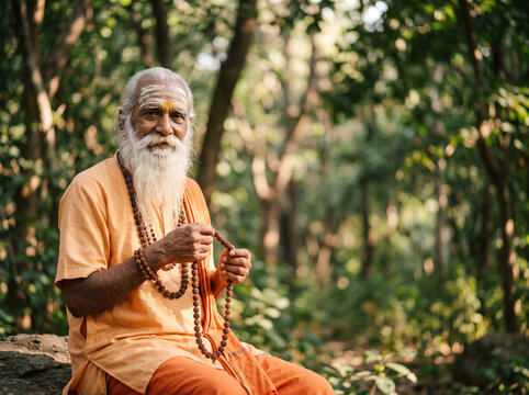 Elderly Hindu Sadhu Holding Prayer Beads in Forest