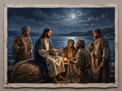 Jesus teaching disciples by the Sea of Galilee at night with a lantern