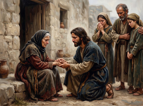 Jesus comforting grieving elderly woman and mourners in biblical setting, compassionate scene