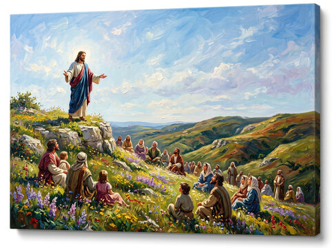 Jesus Preaching Sermon on the Mount to Crowd of Followers in Biblical Landscape