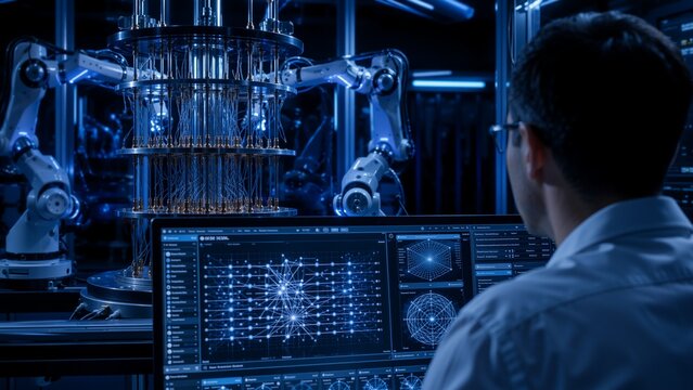 A scientist studies complex quantum computing data on multiple screens in a high-tech laboratory with robotic arms and advanced technology.