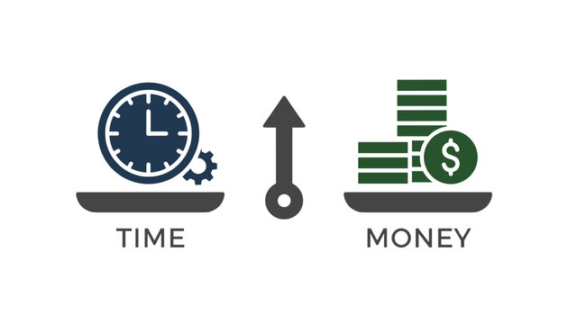 Conceptual scale balance comparing time represented by a clock and money represented by stacked dollar coins on a white background.