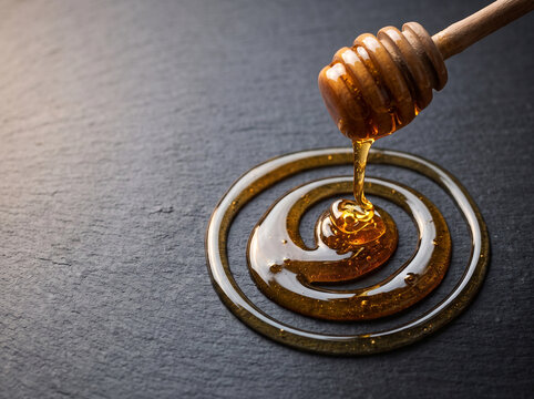 Honey Drizzler Pouring Golden Honey onto Slate Surface