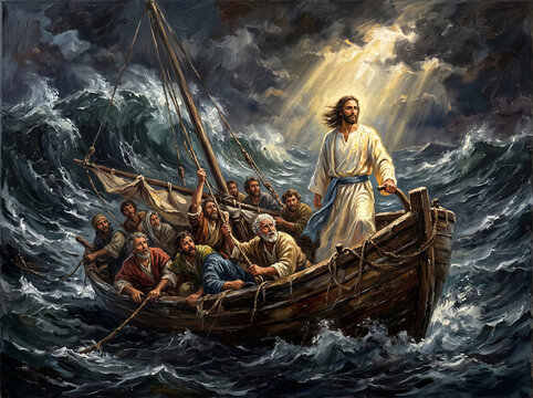 Jesus calming the storm on the Sea of Galilee with disciples in a boat