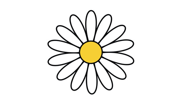 Beautiful simple daisy flower icon with a yellow center and white petals outlined in black on a white background.