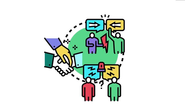 People are engaging in a mediation process, resolving conflicts, disputes, and communication issues within a team, leading to mutual agreement and collaboration