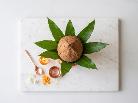 Hindu puja thali setup with coconut, mango leaves, and flowers on marble background