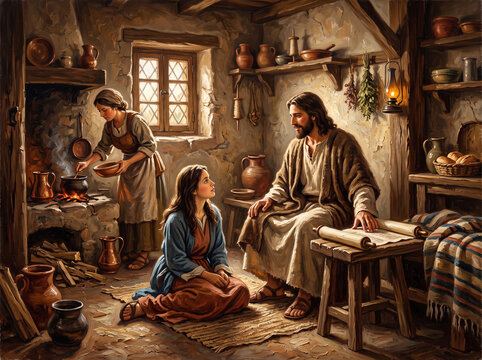 Mary and Martha with Jesus in a Rustic Kitchen Home Setting Biblical Scene
