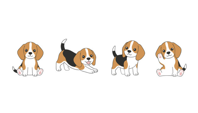 Set of adorable beagle puppy character drawings in different playful poses isolated on a plain white background.