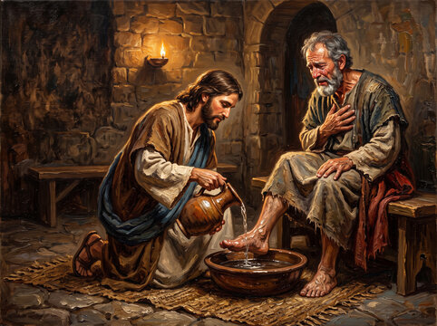 Jesus Washing Disciple's Feet in Ancient Stone Room