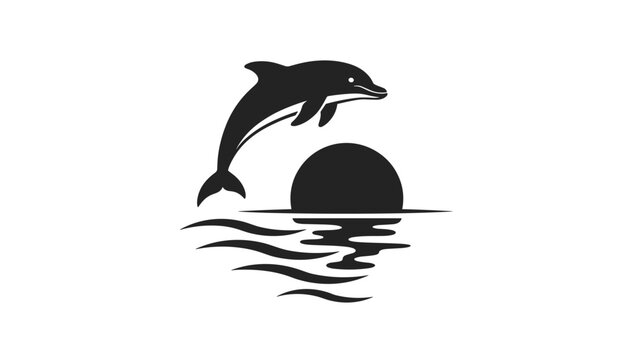 Silhouette of a dolphin jumping out of ocean water in front of a setting sun isolated on white background.