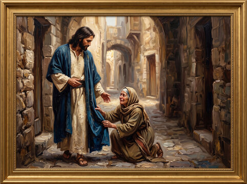 Jesus Healing Woman in Ancient Street Biblical Scene