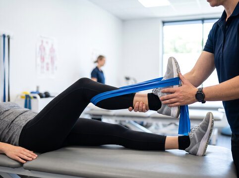 Physical Therapist Assisting Female Patient with Resistance Band Stretch in Clinic
