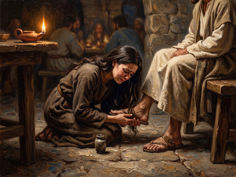 Weeping woman washing feet of religious figure with oil in ancient interior setting