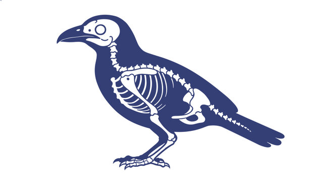 Dark blue silhouette of a crow with a detailed white skeleton showing bones anatomy on a white background.