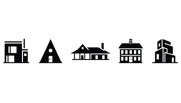 Collection of five minimalist black house icons displaying various architectural styles from a modern flat to an A-frame cabin.