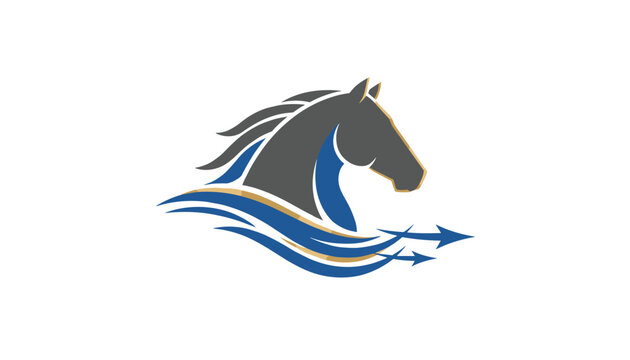 Elegant modern vector logo of a dark grey horse head combined with swift blue waves and trident arrows.