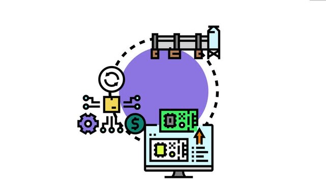 Industrial manufacturing process illustrates a system transforming raw materials into products, managing data, and optimizing production with advanced technology and digital interface