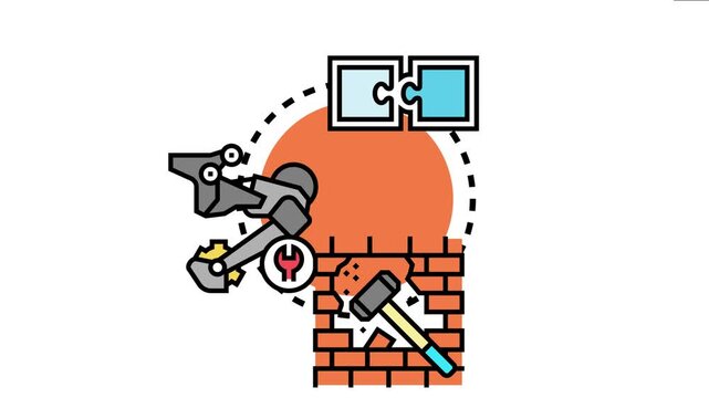 Mechanical system disassembly concept depicting gears, parts, a wrench, a sledgehammer breaking a brick wall, and puzzle pieces separating, breakdown and resolution