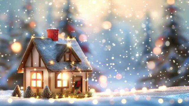 A quaint house nestled in a snowy winter scene, illuminated by warm, inviting lights. The holiday decorations and falling snow create a magical, peaceful atmosphere.