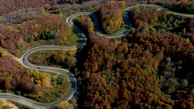 aerial view of inegol domanic road with beautiful autumn colors of nature, Kutahya, Turkey