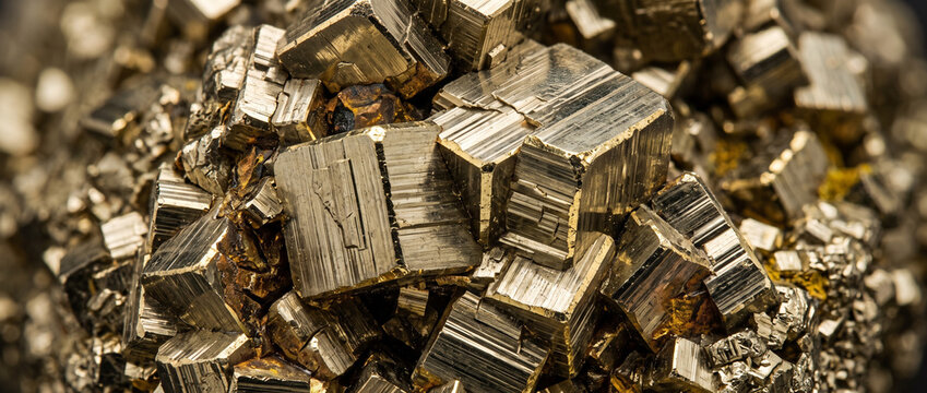 Pyrite mineral with shiny metallic cubes in close-up view  