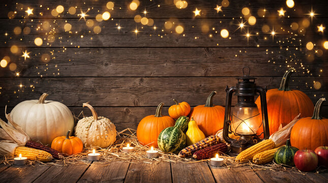 Autumn harvest tabletop display with pumpkins, candles, corn, and glowing lights against a wooden background