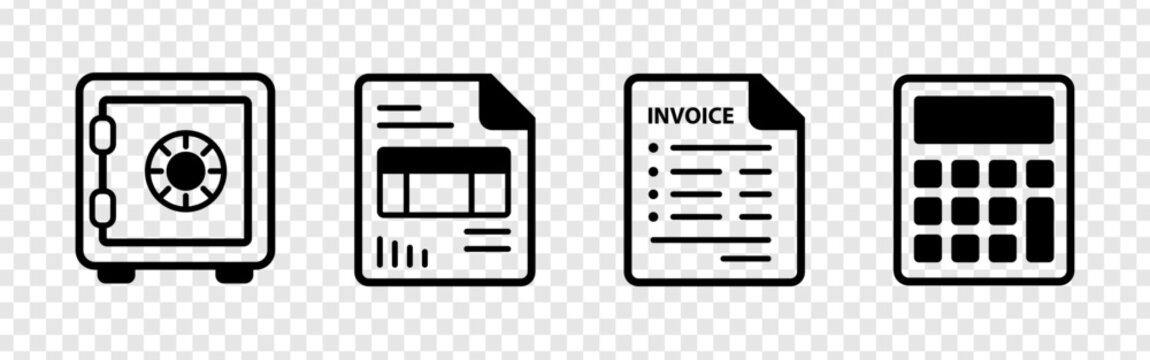 Administrative office icons featuring safe document invoice and calculator. essential tools for accounting and secure storage. clear black silhouettes for business processes. professional