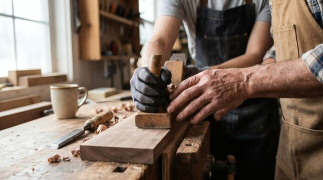 Two carpenters or artisans using a hand plane on a wooden board in a traditional workshop.