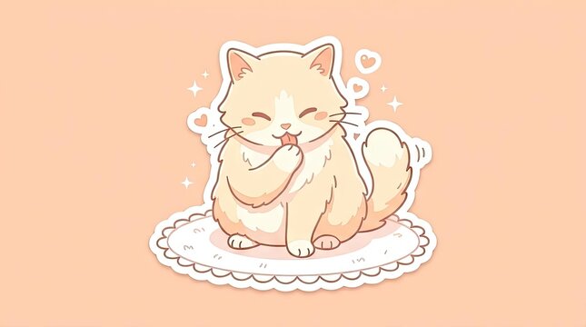 Cute cartoon ginger cat sticker licking paw.