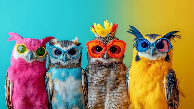 A vibrant video showcasing a rebellious group of owls dressed in striking neon punk rock attire, set against a bold, colorful background with ample copy space. Ideal for unconventional advertising