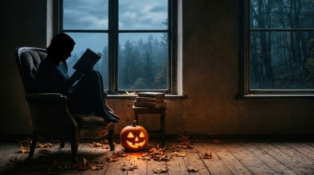 Silhouette reader in cozy Halloween setting with pumpkin, misty window, and copy space.