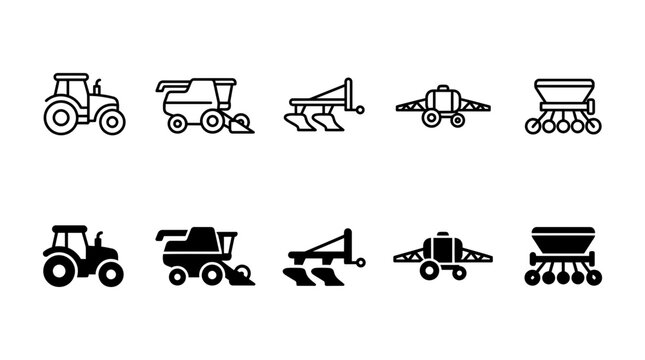 Set of agricultural machinery icons featuring farming equipment in outline and solid styles tractor icon harvester ico