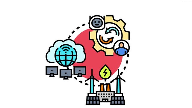 Mechanical engineering and network integration icon depicting data exchange, cloud computing, intelligent industry, and green energy solutions with connected devices