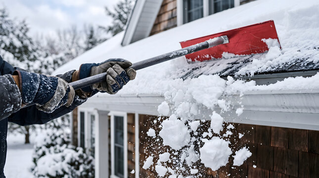Person using a roof rake to clear snow from the edge of a house roof in winter