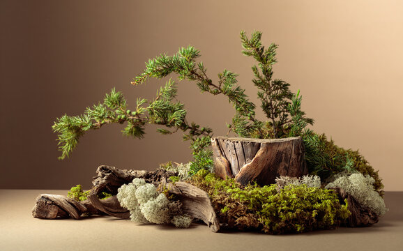 Composition with natural wood, moss and juniper branches.