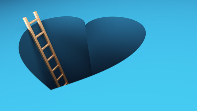 Golden Ladder Descending Into Heart-Shaped Hole Conceptual Love And Hope Metaphor On Teal Background