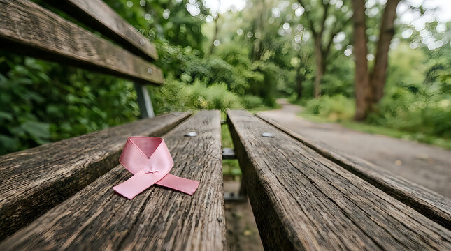 Pink ribbon breast cancer awareness symbol resting on rustic wooden park bench with blurred nature path background outdoor scene