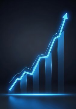 A glowing blue line graph rises steadily against a dark background, representing success, investment progress, and corporate achievement, trading, arrow, revenue