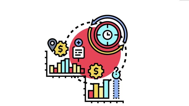 Business icons measuring output effectiveness, evaluating financial performance, analyzing data, and optimizing strategy through a continuous cycle of improvement