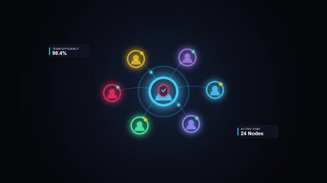 Digital network visualization with connected user icons and team efficiency data
