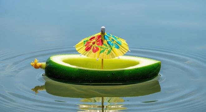 A hollowed-out green cucumber boat floats peacefully on calm water, featuring a tiny colorful paper parasol under bright summer sunlight, paper, shadow, tiny
