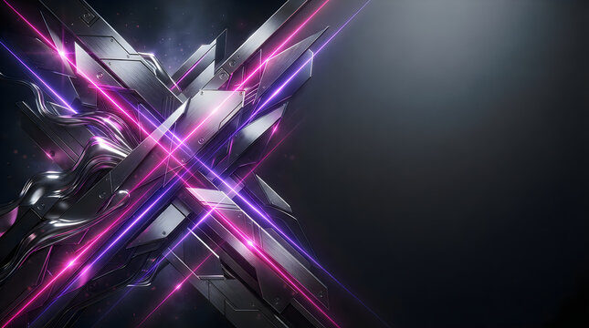 Abstract futuristic dark background with glowing purple and blue light beams and metallic shapes
