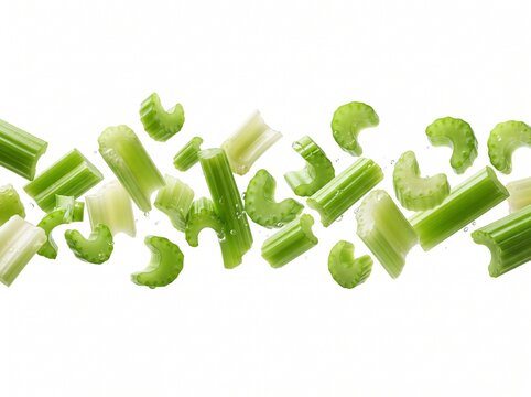 Fresh Chopped Green Celery Slices Flying in the Air Isolated on Transparent Background