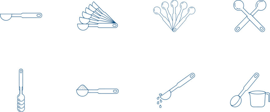 Measuring Spoons Icon Set, Blue Outlines, Kitchen Tools, Cooking Utensils, Fanned Spoons, Scoop, Baking Symbols